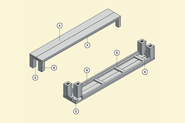 Tekening van een tuinbank met losse onderdelen