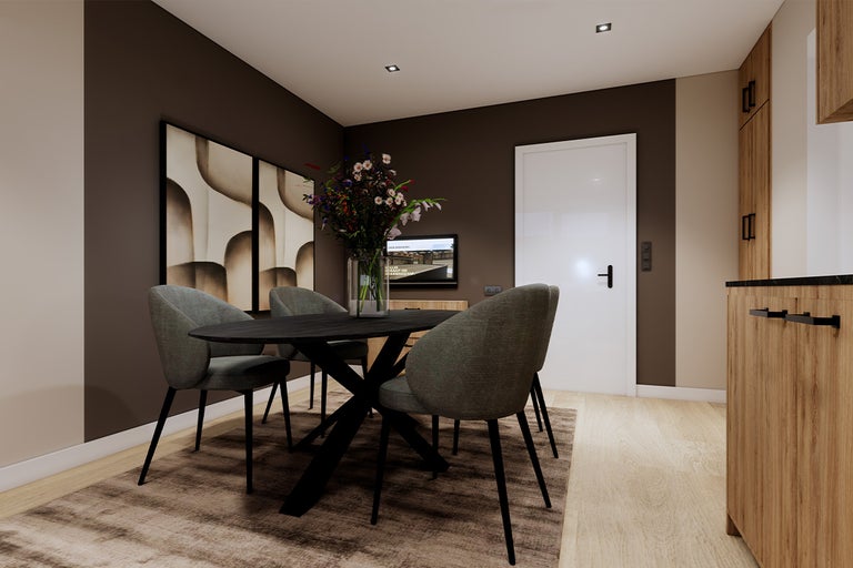 Eetkamer met eettafel, stoelen en decoratie