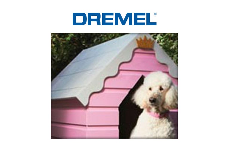 Dremel logo. Hond voor roze hondenhok met wit dak.