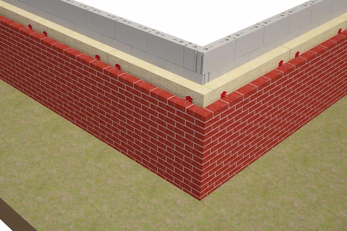 Illustratie van een muur met isolatie en muurankers