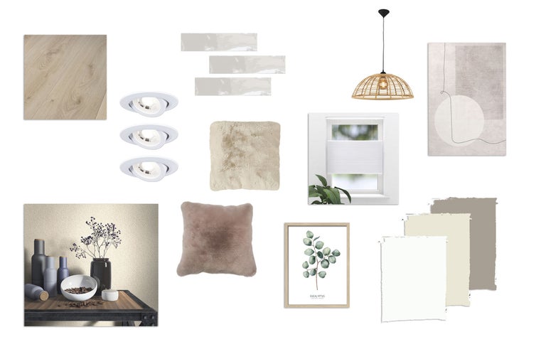 Samengestelde interieurproducten met vloerbedekking, tegels, verlichting, kussens en decoratie
