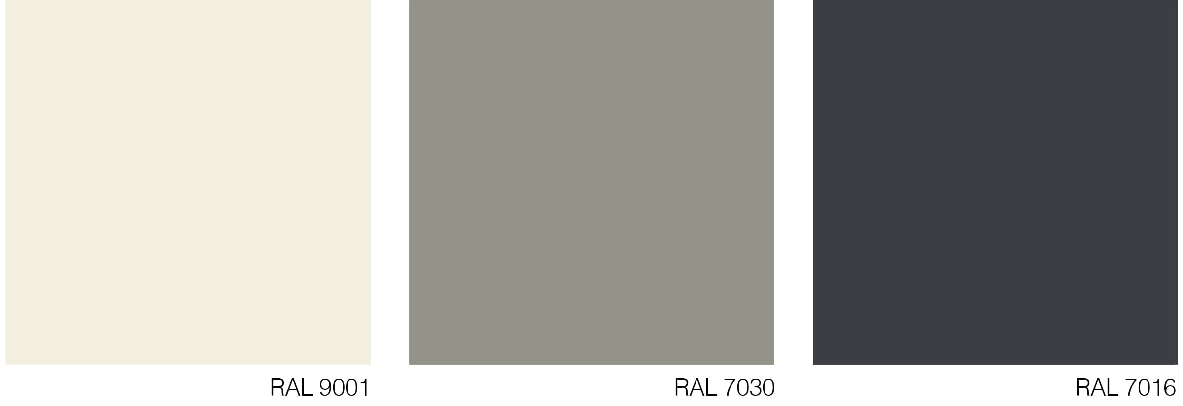 Kleurvelden met de RAL-kleurcodes 9001, 7030 en 7016