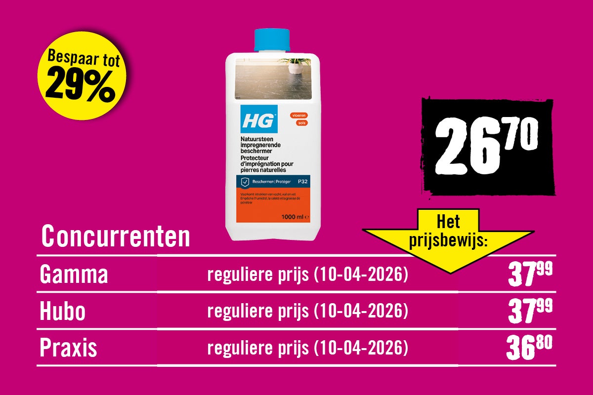 Prijsvergelijking voor HG natuursteen impregnerende beschermer 1000 milliliter toont Hornbach als goedkoopste ten opzichte van Gamma, Hubo en Praxis.