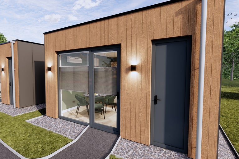 Modern tuinhuis met deur, raam, buitenverlichting en airconditioning