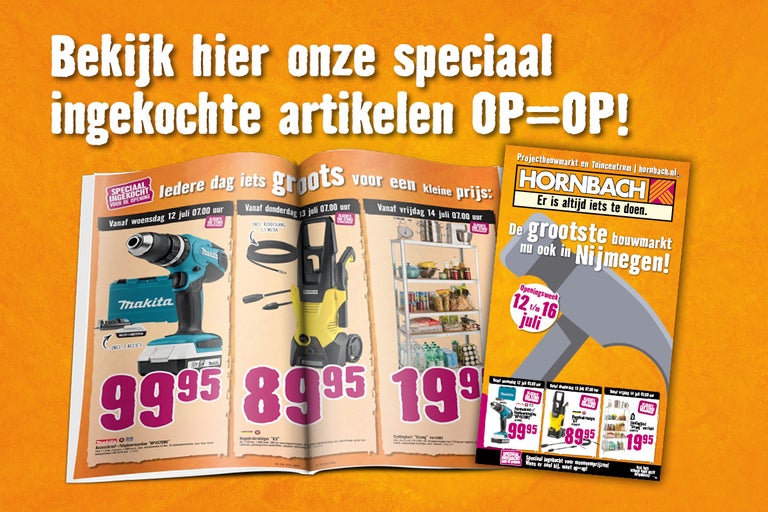 Hornbach reclame met speciale aanbiedingen voor gereedschap en bouwmaterialen