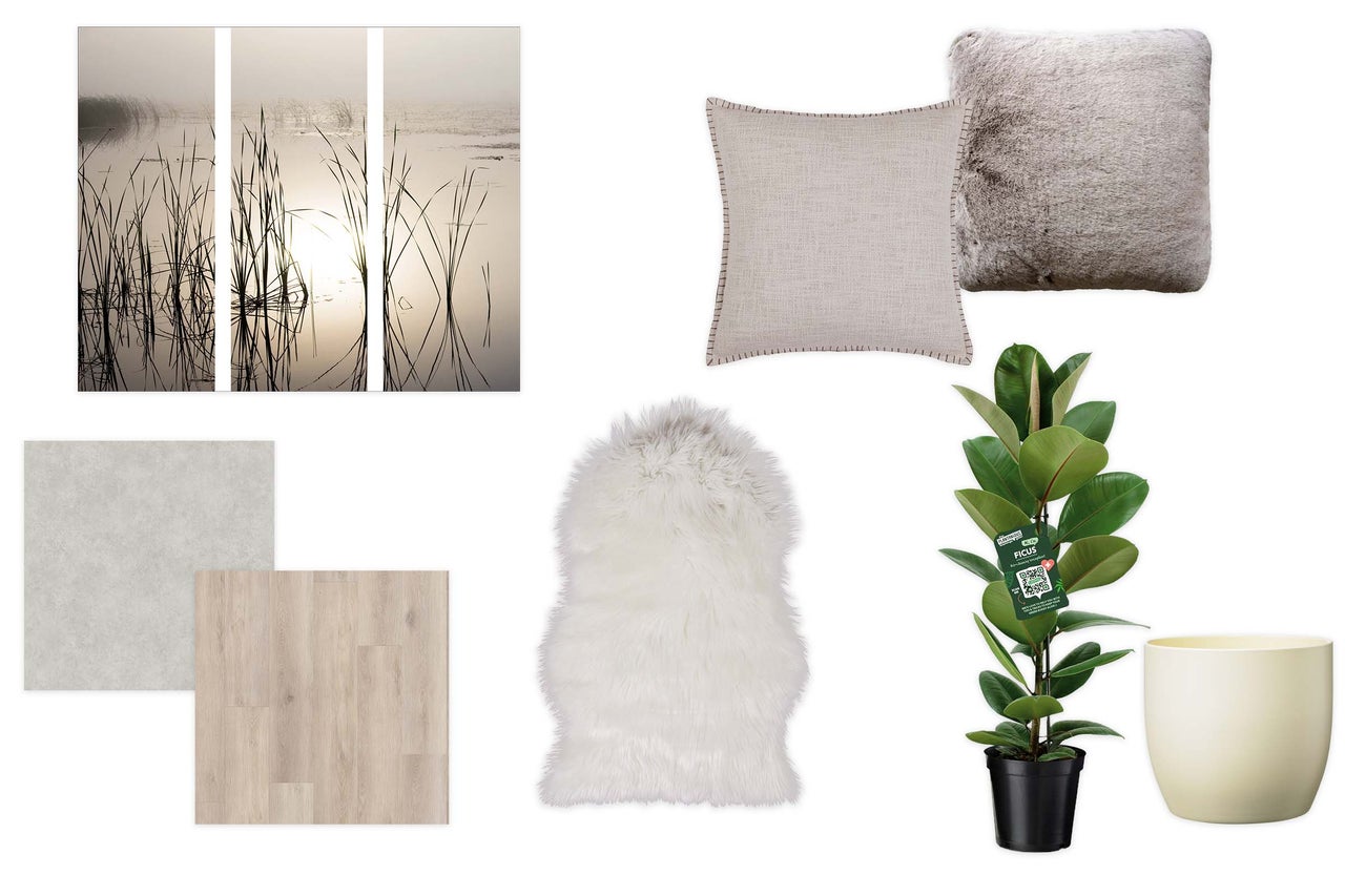 Interieurset met driedelige wanddecoratie, sierkussens, wit imitatiebont kleed, vloerstalen, Ficus plant en een beige bloempot.