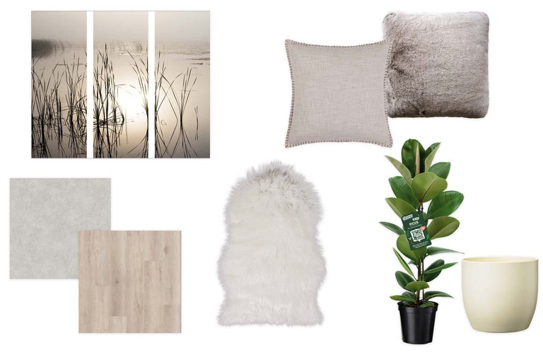 Interieurset met driedelige wanddecoratie, sierkussens, wit imitatiebont kleed, vloerstalen, Ficus plant en een beige bloempot.