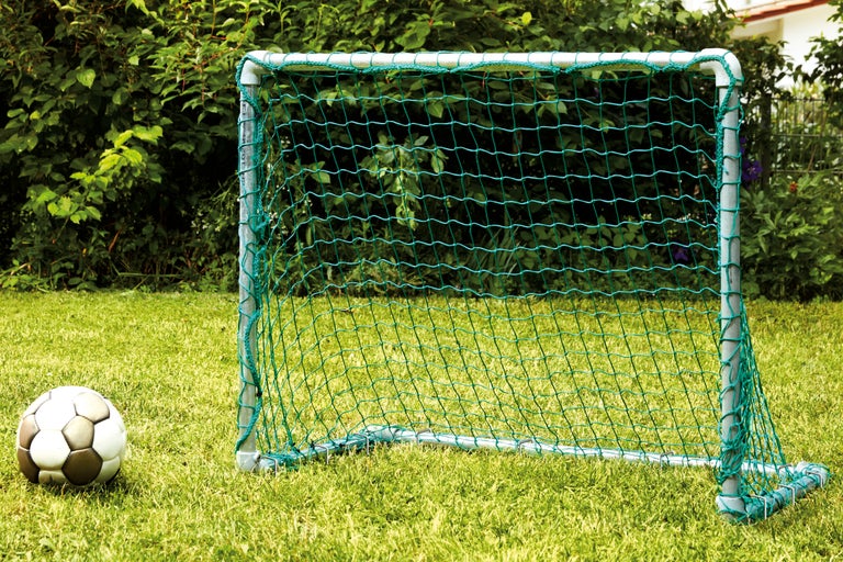 Voetbaldoel met net en voetbal op gras