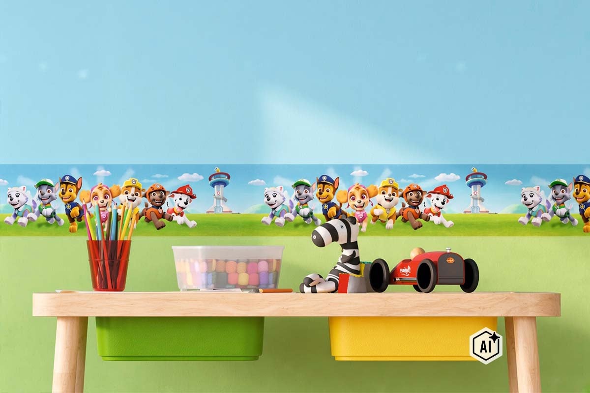 Behangrand met Paw Patrol motief voor de kinderkamer op een muur boven een kindertafel met speelgoed.