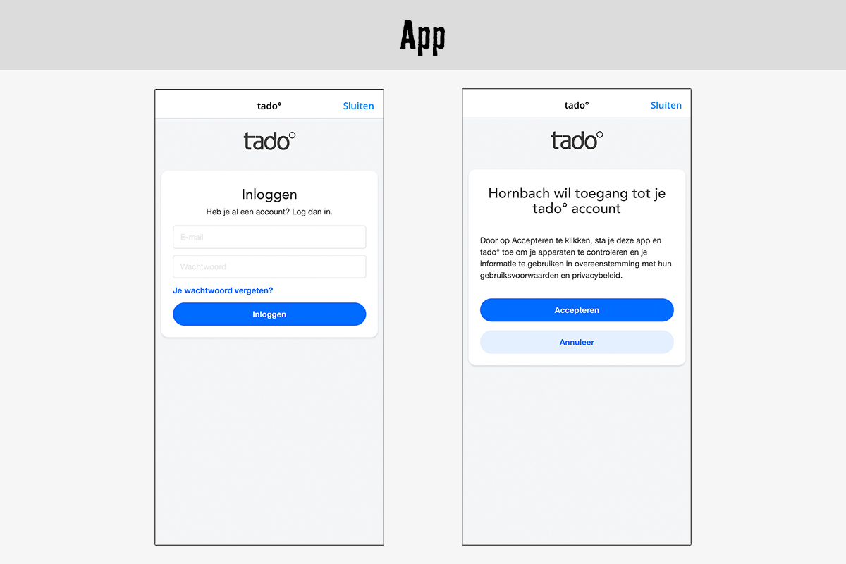 Tado app login en autorisatiescherm