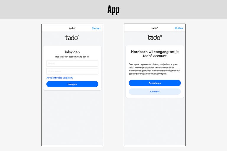 Tado app login en autorisatiescherm