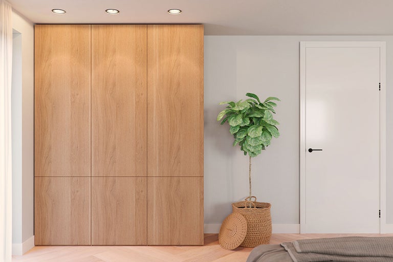 Slaapkamer met grote houten kast, kamerplant en deur