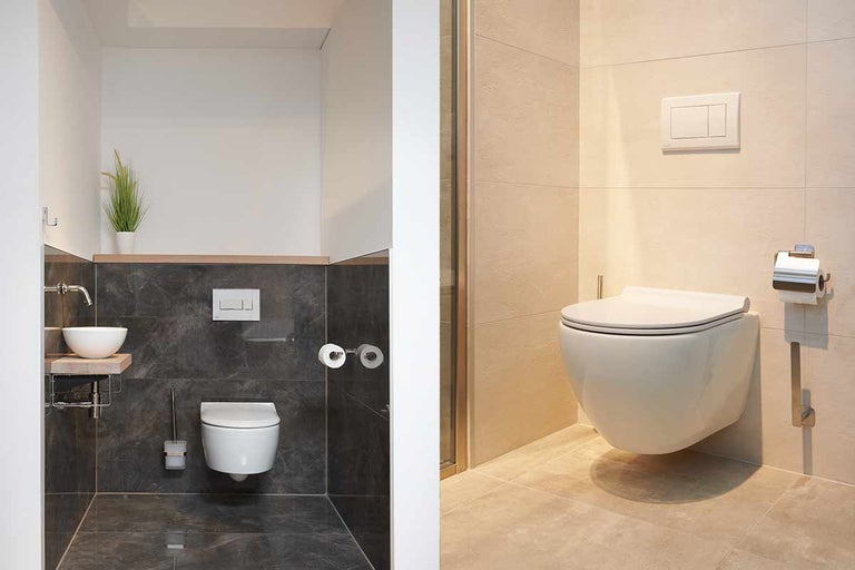 Badkamerontwerp met wandcloset, wastafel en tegels