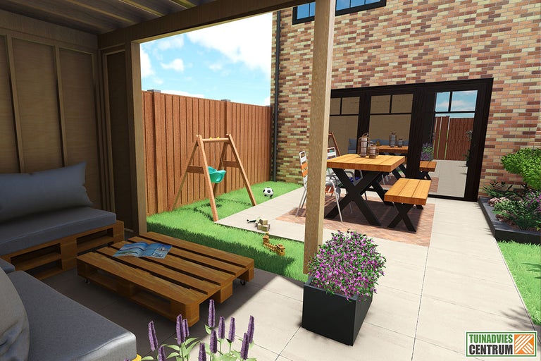 Aangelegde tuin met houten terras, zithoek met palletmeubels, schommel en eethoek.