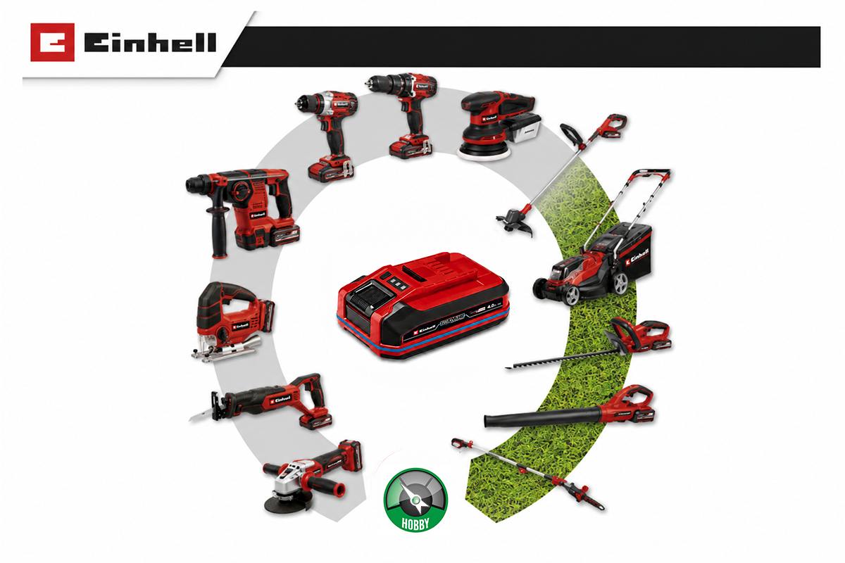 Einhell Logo. Een Power X-Change accu omringd door diverse accu gereedschappen voor werkplaats en tuin, zoals boren, zagen en een grasmaaier. Hobby.