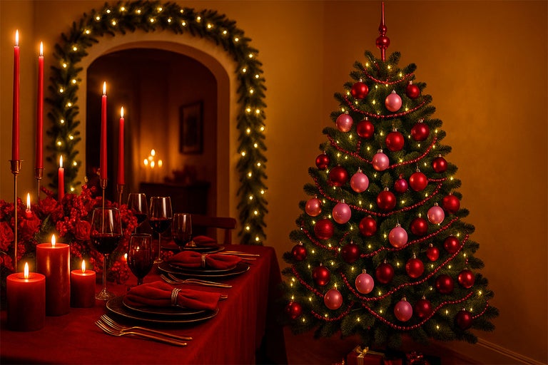 Feestelijk gedekte tafel naast een versierde kerstboom met verlichting.