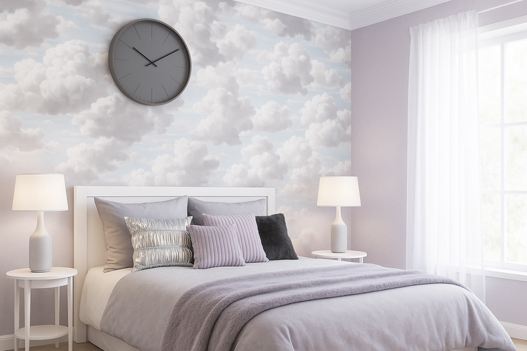 Slaapkamer met bed, nachtkastjes, lampen, wolkenbehang en wandklok