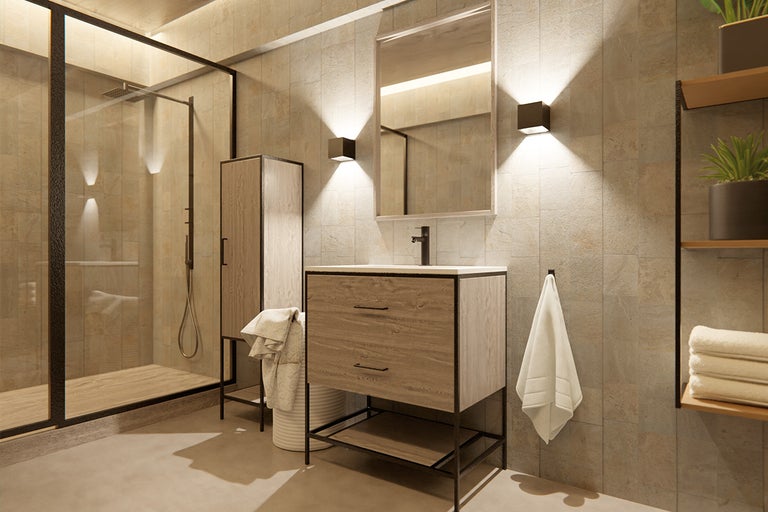 Moderne badkamer met douche, wastafel, spiegel en planken