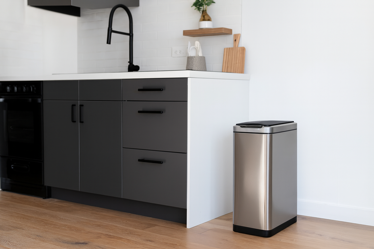 Moderne keuken met roestvrijstalen afvalemmer