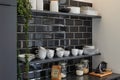 Planken met servies en levensmiddelen voor zwarte tegelwand in de keuken. Planken met servies en levensmiddelen voor zwarte tegelwand in de keuken.