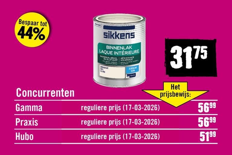 Prijsvergelijking Sikkens binnenlak: Hornbach 31 euro 75 tegenover concurrenten tot 56 euro 99. Bespaar tot 44 procent.