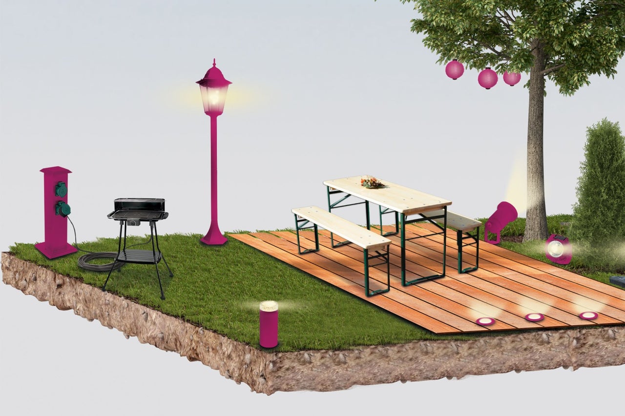 Tuinscene met barbecue, biertafelset, lampen en stroomverdeler