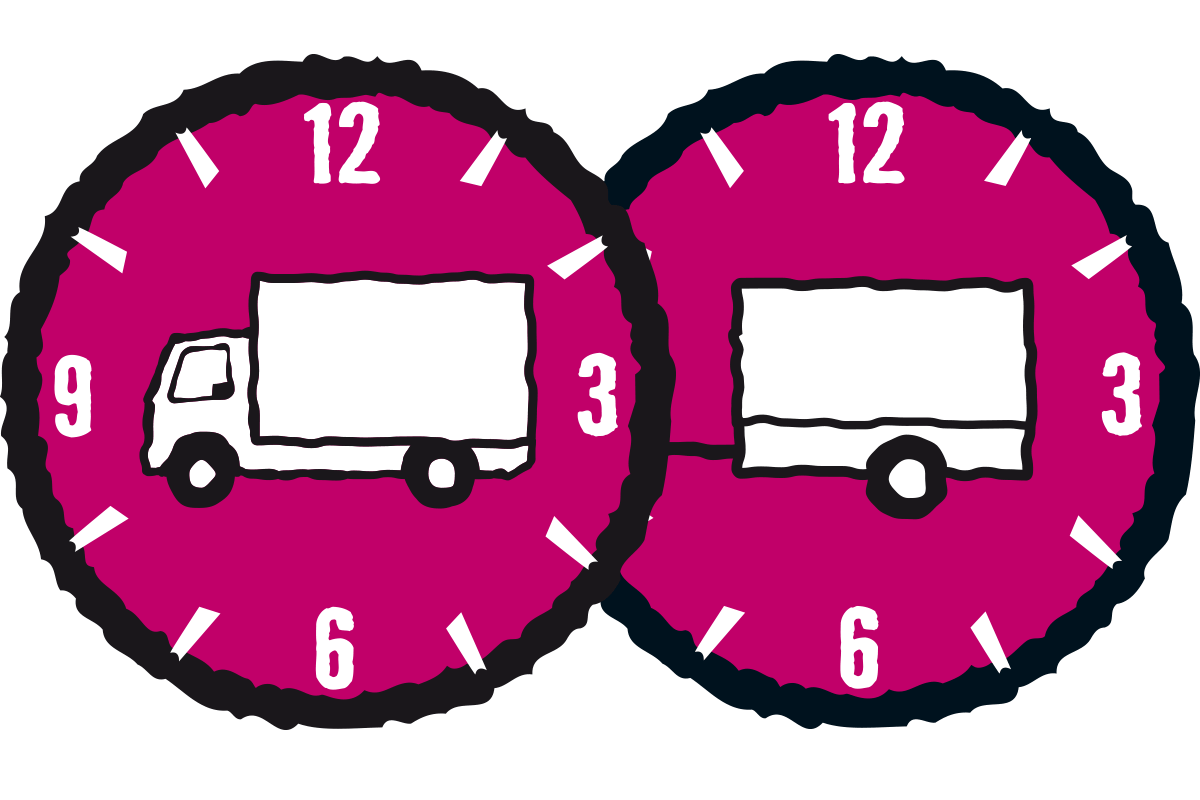 Symbool voor stipte levering met vrachtwagen en aanhanger