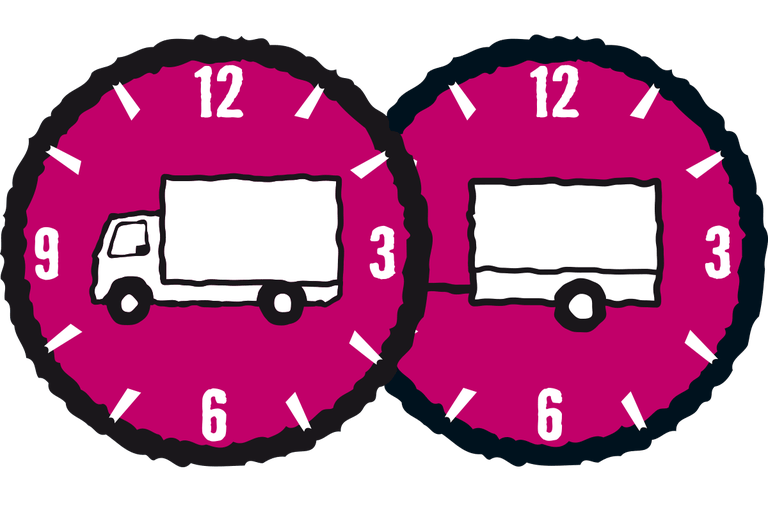 Symbool voor stipte levering met vrachtwagen en aanhanger