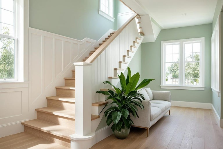 Lichte entree met houten trap, witte trapleuning, bank en kamerplant