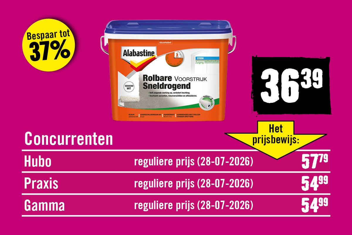 Alabastine rolbare voorstrijk sneldrogend voor zuigende ondergronden in emmer met prijsvergelijking met andere bouwmarkten