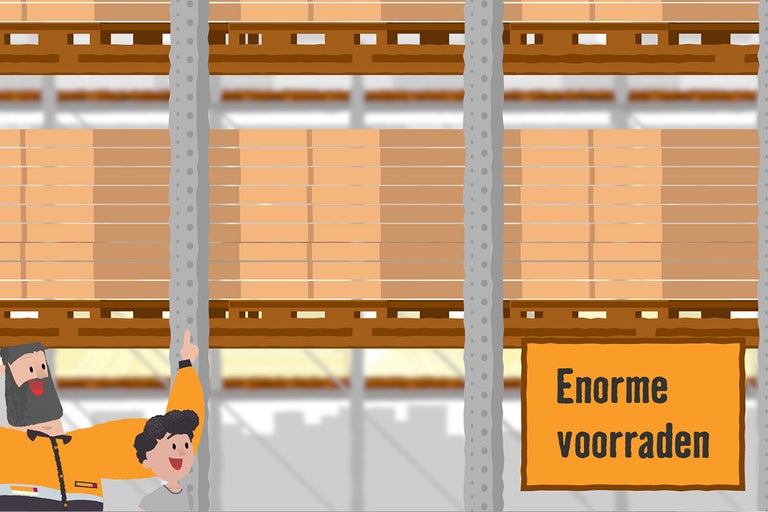 Illustratie van een magazijn met de boodschap Enorme voorraden