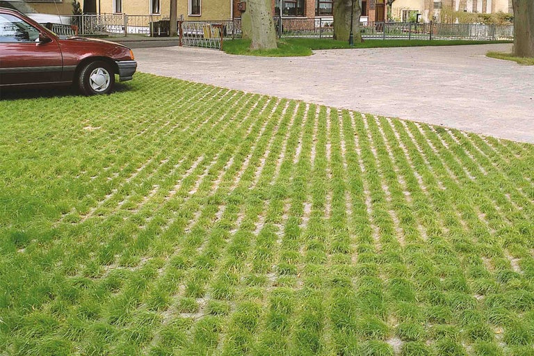 Grastegels met gras en auto op parkeerplaats