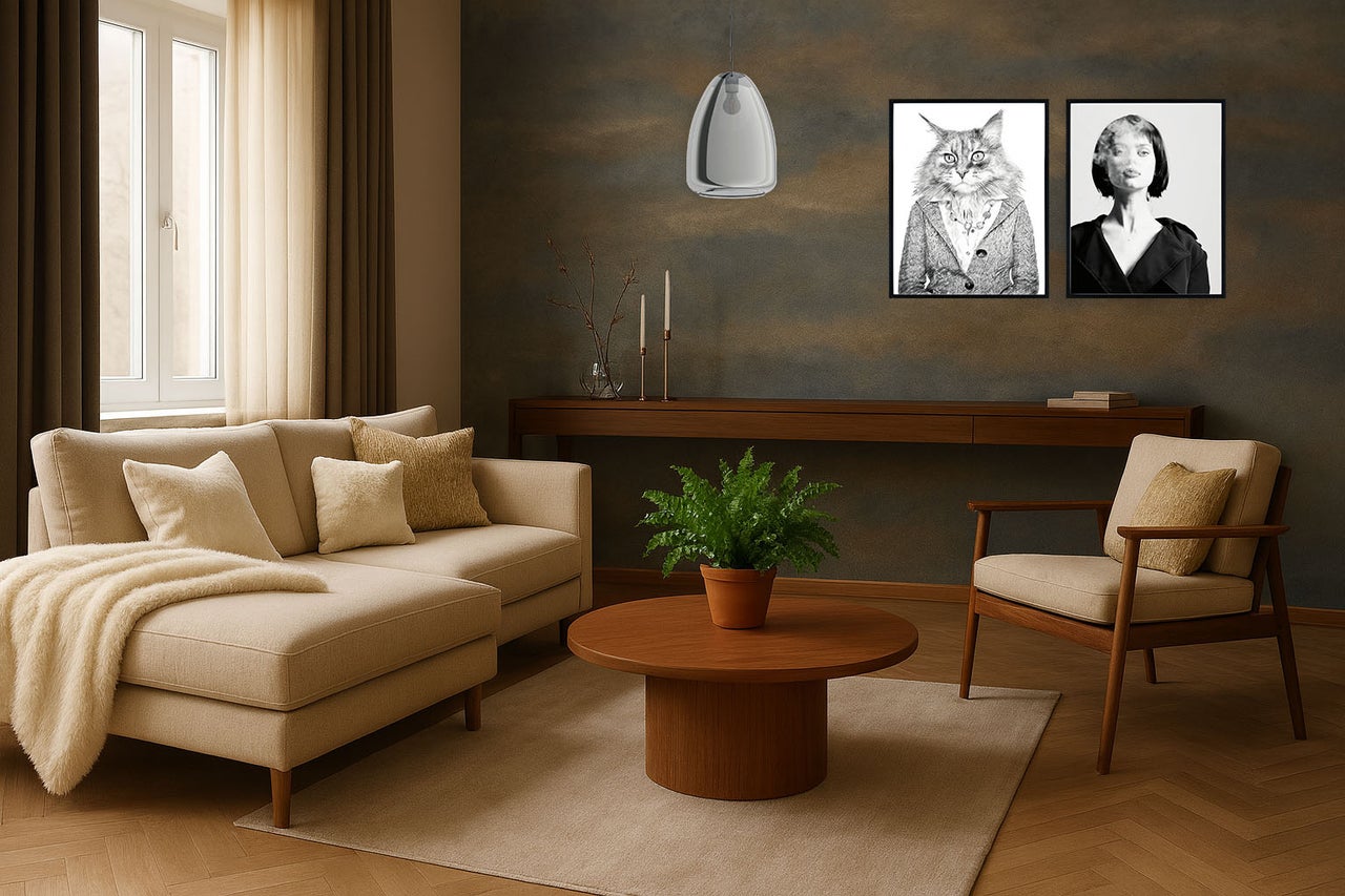 Woonkamer met bank, fauteuil, salontafel en decoratie
