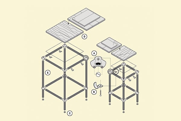 Explosietekening van twee planken met houten planken en stalen buizenframe.