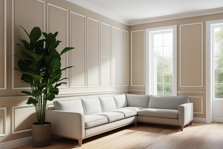 Woonkamer met hoekbank, kamerplant en sierlijsten