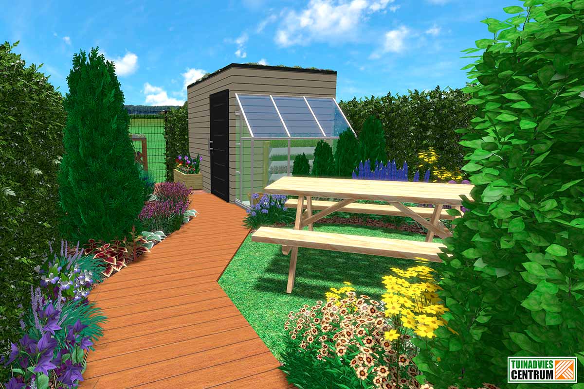 Tuinaanzicht met tuinhuis, picknicktafel en beplanting