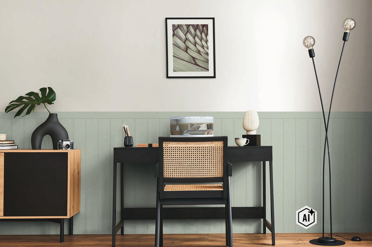 Modern thuiskantoor met zwart bureau, rotan stoel en een wand met verticale paneelbekleding in saliegroen.