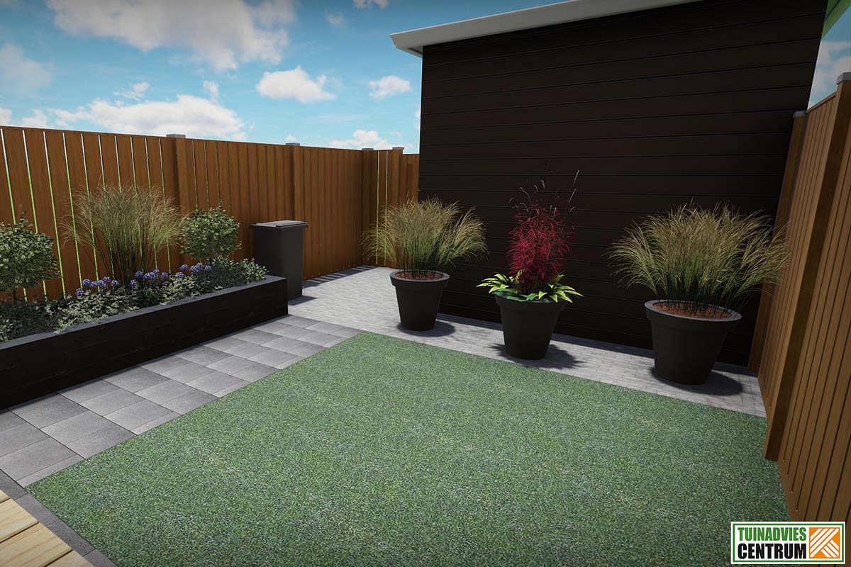 Tuinscene met gazon, terras en beplanting