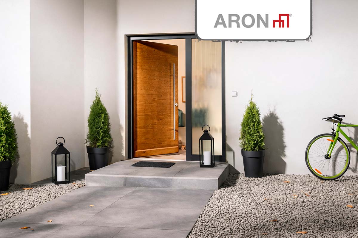 Entree van een huis met open houten deur, glazen zijpaneel, planten, lantaarns en fiets. Aron logo.