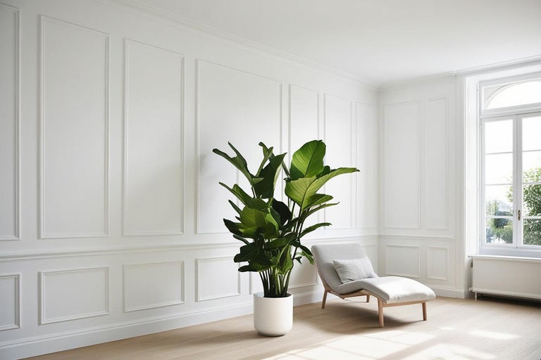 Lichte kamer met wandpanelen, kamerplant en ligstoel