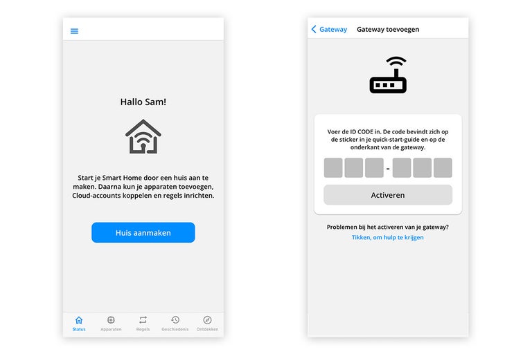 Twee smartphone screenshots van de Smart Home app voor de gateway installatie.