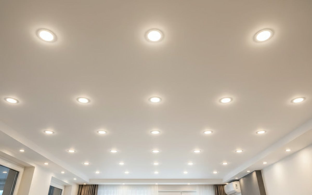 Wit plafond met talrijke ronde LED-inbouwspots voor een heldere en gelijkmatige kamerverlichting.