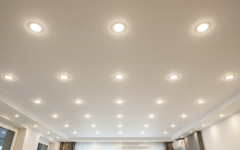 Wit plafond met talrijke ronde LED-inbouwspots voor een heldere en gelijkmatige kamerverlichting.