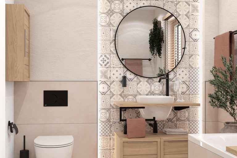 Badkamer met wastafel, spiegel, toilet en tegels in retrostijl