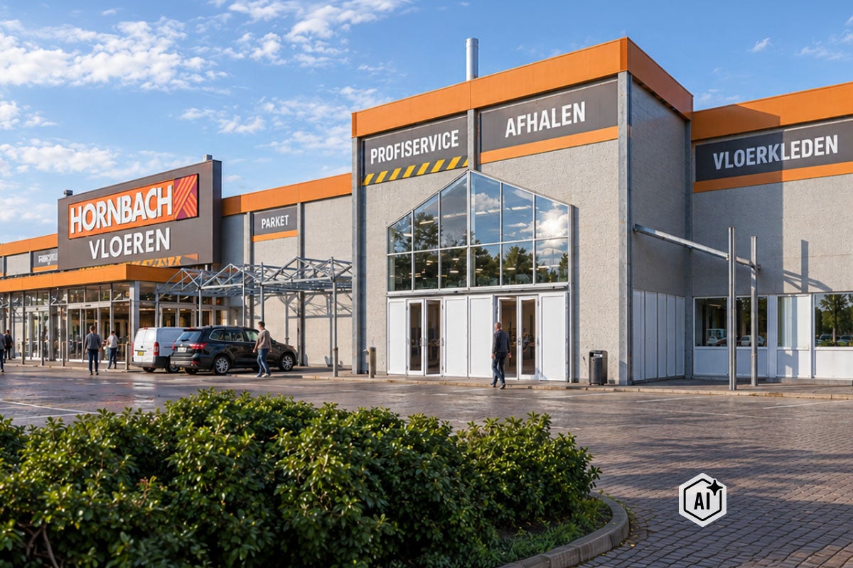 Hornbach bouwmarkt met ingangen voor vloeren en profiservice en een parkeerplaats op de voorgrond.