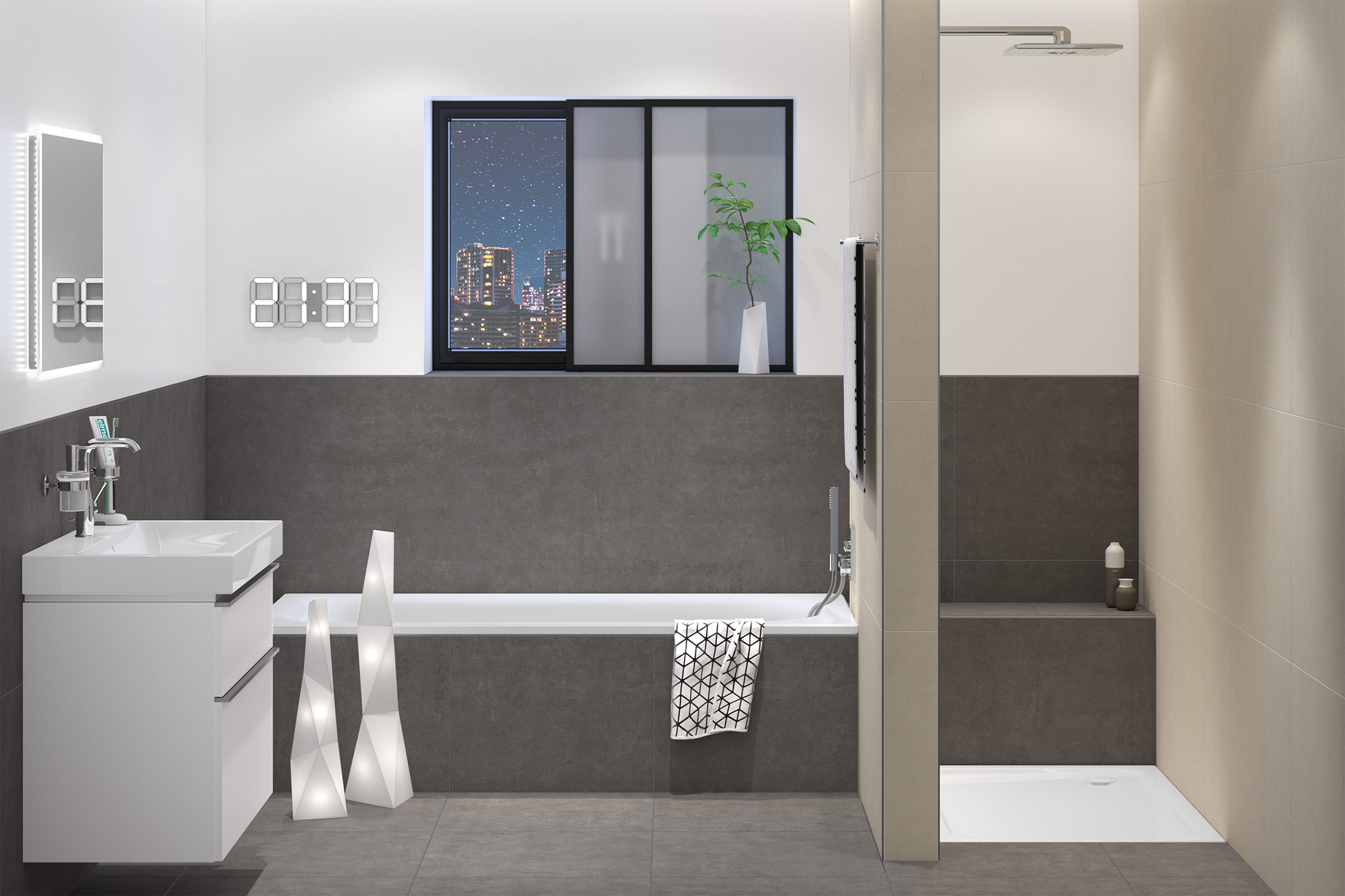 Moderne badkamer met wastafel, bad en douche