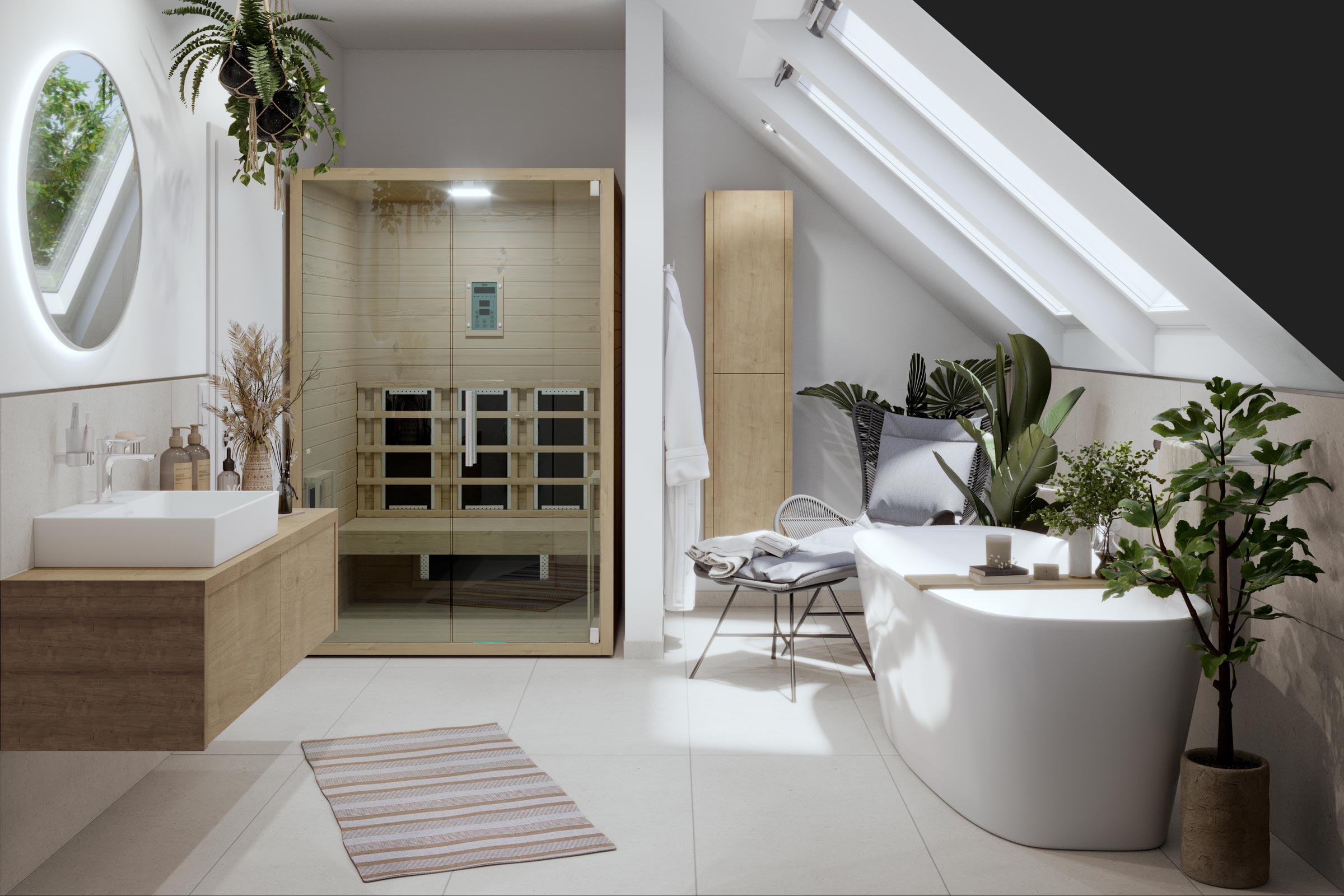 Lichte badkamer met vrijstaand bad, sauna en wastafel