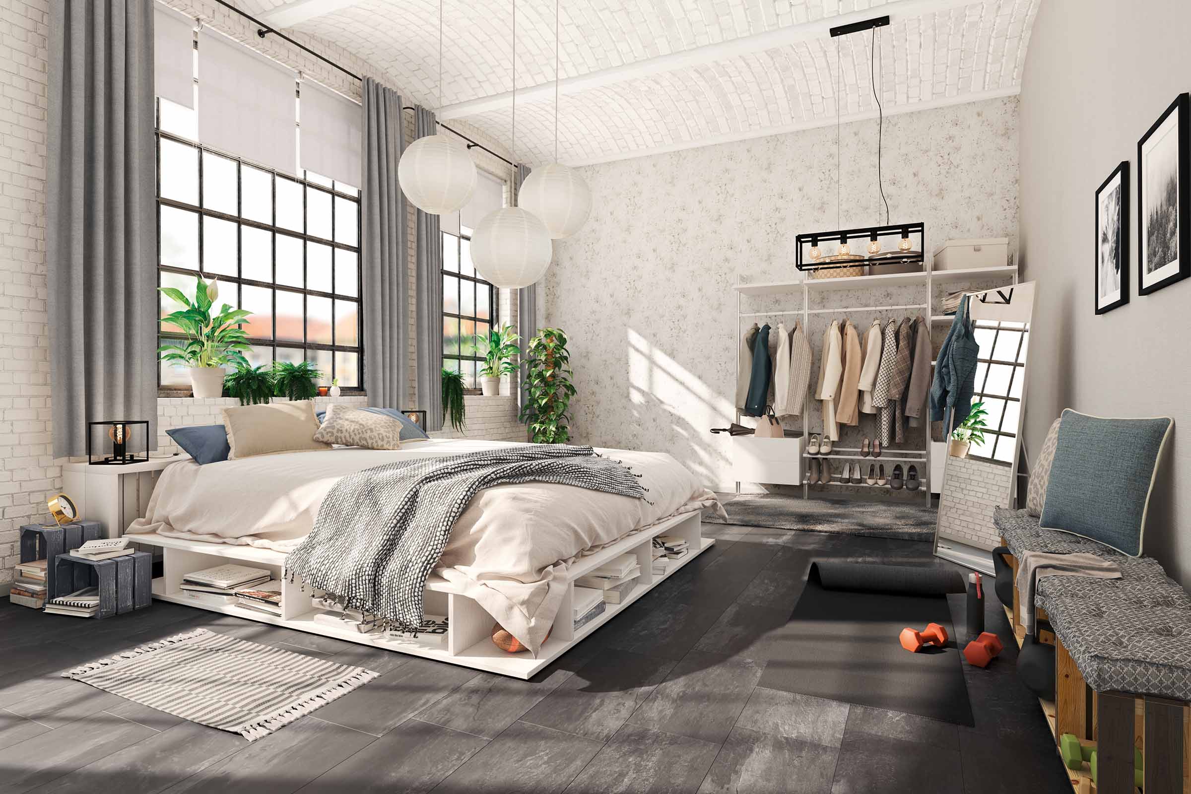 Lichte slaapkamer met bed, kledingkast en decoratieve elementen