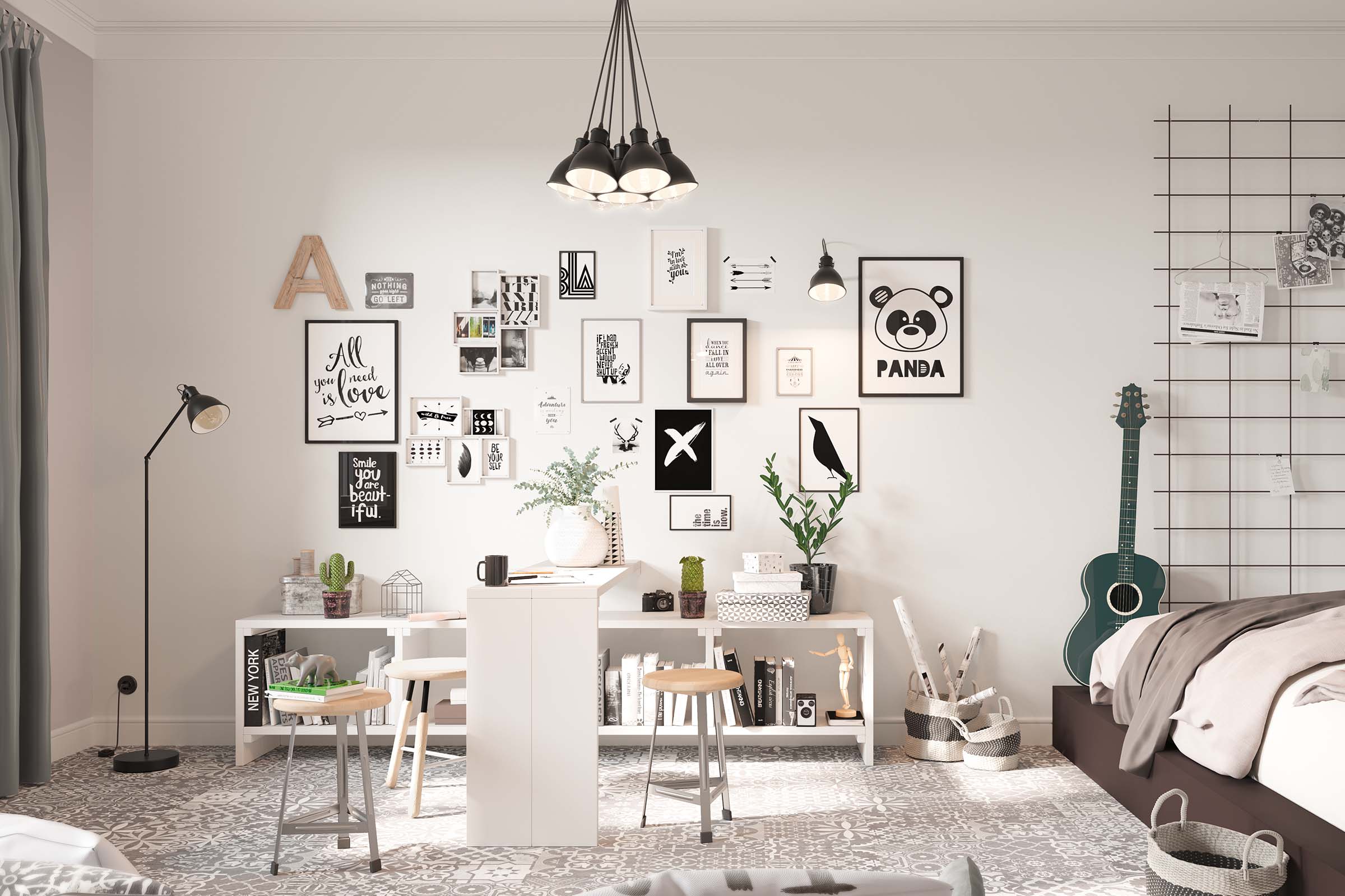 Lichte kamer met bureau, stoelen, wanddecoratie en gitaar