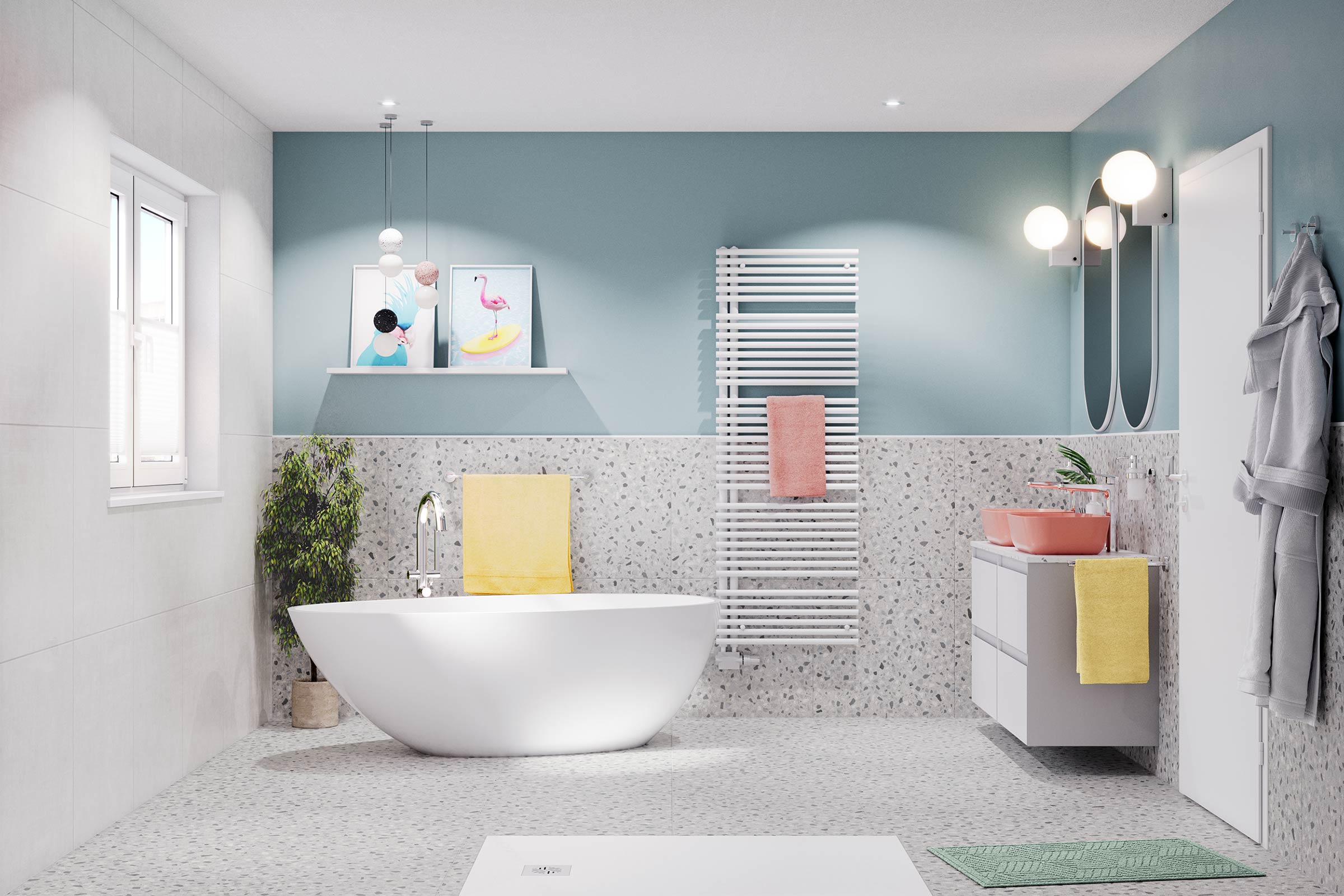 Lichte badkamer met ligbad, wastafel, handdoekradiator en decoratieve elementen voor een vriendelijke sfeer.